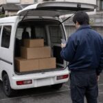 荷室を開けた軽バンの横で確認する作業着の人