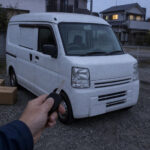 白い軽バンと、車のカギを持つ手